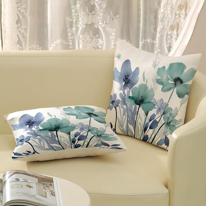 Spring Floral Pillow Covers 18x18 Inches Set of 2 Blue Teal Floral Throw Pillow Cover Outdoor Summer Flower Decoration Pillowcase Farmhouse Decorative Square Cushion Cover for Home Couch Sofa