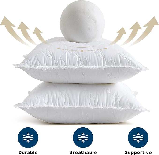 16 x 16 Throw Pillow Inserts with Lace Edge | Soft and Fluffy, Breathable Quilted Cotton Fabric - Decorative Pillows for Couch Sofa Bed, White, Pack of 2