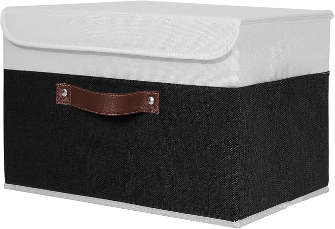 ANMINY Fabric Storage Box Bins with Lids, Black White, 13"x9"x7.9" | Keepsake Memory Storage, Cotton Linen, PP Board Reinforced, Washable, PU Handles, Foldable & Stackable, Decorative, Medium