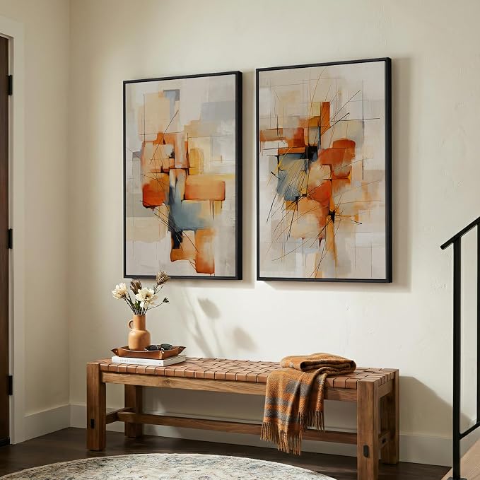 Large Framed Blue Orange Block Abstract Wall Art for Living Room, 24x36 In | 2 Piece, Canvas prints, Colorful paintings, Modern minimalist artwork, Orange block pictures, Dining room bedroom wall decor