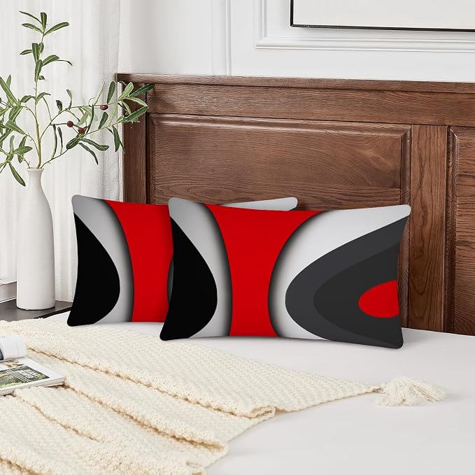 Modern Art Geometric Pillow Cover, Decorative Throw Pillow Covers Black Red Abstract Artwork Cushion Cover for Bedroom Sofa Living Room 12 x 20 Inch Set of 2