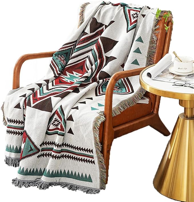 Homesy Aztec Throw Blanket Native Southwestern Bed Blankets 63"x87" White | Southwest Decor,Boho Style,Sofa Chair Cover,Outdoor Beach Car Tent Travel Camping Use,Tapestry,Reversible and Tassels