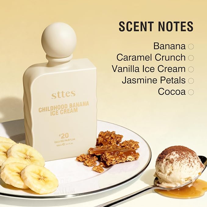 Sttes Perfume #20 for Women – Childhood Banana Ice Cream Eau de Parfum, The Exact Sweetness You Remember: Ripe Banana, Vanilla Ice Cream & Caramel Crunch, Long-Lasting Sweet Gourmand Fragrance, 100ml