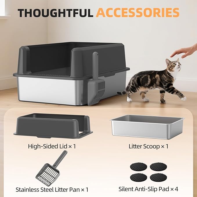 Stainless Steel Cat Litter Box, XXL High Sided Open Top Litter Pan, 1 Scoop | XXL, Spacious Interior, High Sides, Anti-Urine Leakage, Non-Stick Odor Resistant, Easy Clean, Reduce Litter Tracking