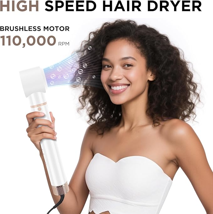 6-in-1 Hair Dryer Brush, 110,000 RPM High Speed Hair Dryer with Air Straightener, 28mm AUTO Curlers, IG INGLAM MegaAIR 2.0 Multi-Styler Set Volumizing and Shape, White