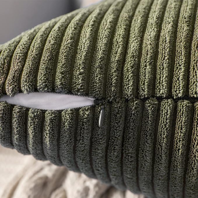 MIULEE Lumbar Corduroy Throw Pillow Covers Set of 2 12x20 Olive Green | Decorative Soft Striped Textured Cushion Cases, Boho Pillowcases for Home Decor, for Couch Chair Sofa Bed Living Room