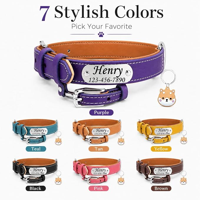 Personalized Leather Dog Collar with AirTag Holder Case, Custom Engraved Nameplate Dog Collar, Adjustable Genuine Leather Soft Padded Dog ID Collar for X-Small Small Dogs-Dark Purple-XS