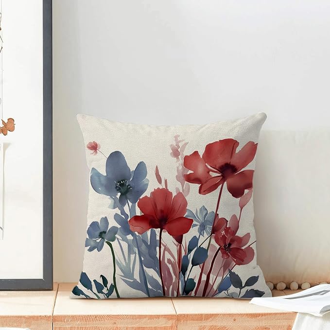 Floral Pillow Covers 16x16 Inches Set of 2 Independence Day Blue Red Floral Throw Pillow Covers Outdoor Rustic Spring Summer Flower Pillowcase Farmhouse Decorative Cushion Cover for Home Sofa