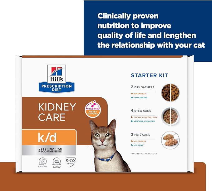 Hill's Prescription Diet k/d Kidney Care Cat Food Starter Kit Variety Pack | #1 Veterinarian Recommended, 5.25 oz. Dry Food (2), 5.5 oz. Cans (2), 2.9 oz. Cans (4)