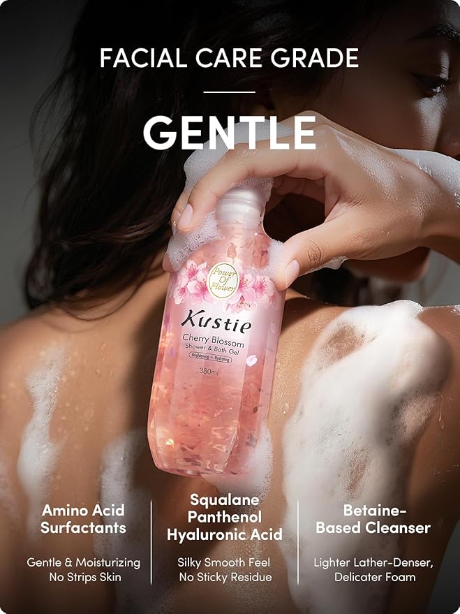 Kustie Cherry Blossom Body Wash with 380 Real Tokyo Sakura Petals – Vegan, Sulfate-Free & Antioxidant-Rich – Perfume-Level Scent – Niacinamide, Hyaluronic Acid & Squalane – 12.8 Fl Oz