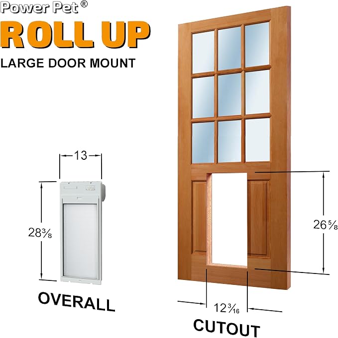 Power Pet Automatic ROLL UP Door by High Tech Pet Brand, Motorized Panel Rolls Up, Pet Collar Operated, Manual & WiFi App Control, Security Lockout Panel, 24/7 Exit & Entry Timers (Large, Door Mount)
