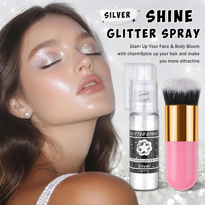 AWCCXMYM Body Glitter Spray Sparkle Hairspray Highlighter Glitter Shiny Spraay for Hair and Body,Face Glitter Powder for Halloween,Christmas,Concert Accessories Party Body Makeup(Silver)