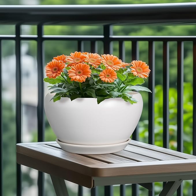 Ceramicfor Ceramic Planter for Indoor Plants - 11 Inch Plant Pot with Drainage Hole and Saucer Decorative Round Large Planter Pot for Plants Outdoor Flower Pot for Garden White