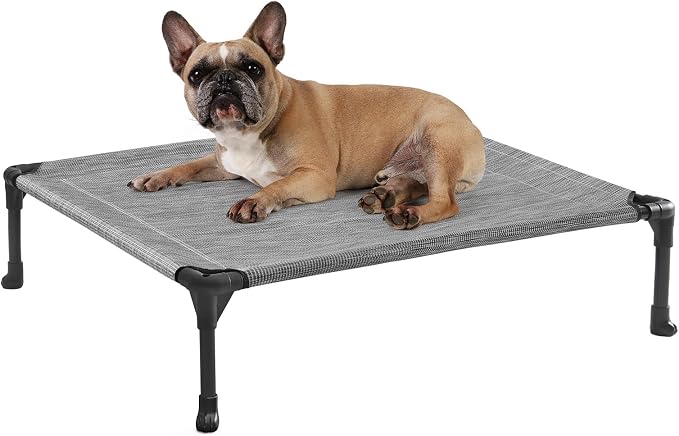 Veehoo Outdoor Elevated Dog Bed for Medium Dogs, Cooling Raised Dog Cots | Off-ground training platform, portable camping hammock, breathable mesh, easy to clean, no-tool setup, 32"x25", Black Silver
