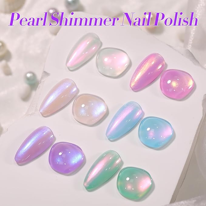 Born Pretty Pearl Nail Polish Set, 6 Colors Ombre Pearl Shimmer White Pink Purple Mermaid Nail Polish Quick Dry Spring Summer Finger Shell Glitter Nail Lacquer Set