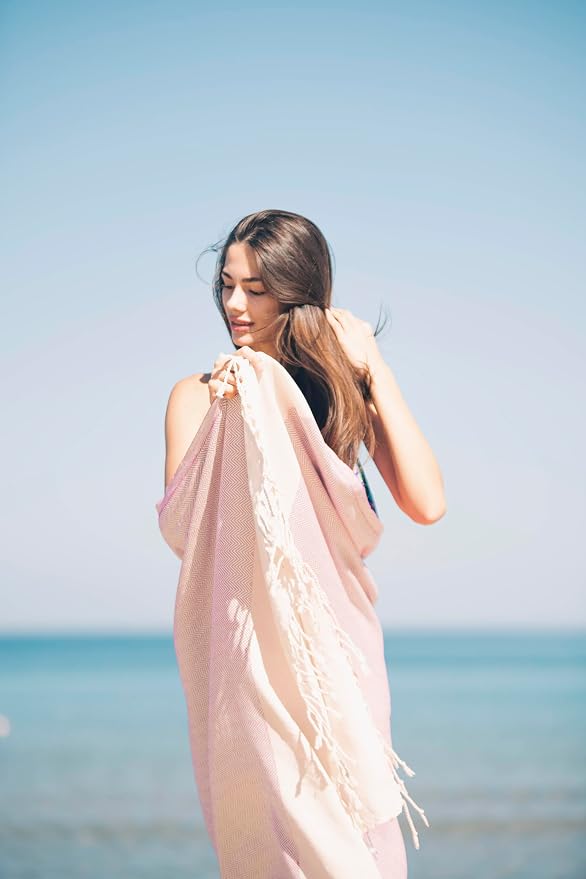 Bazaar Anatolia Turkish Beach Towel 100% Cotton Bath Towels 71x39 Quick Dry Sand Free Lightweight Large Oversized Herringbone Pink