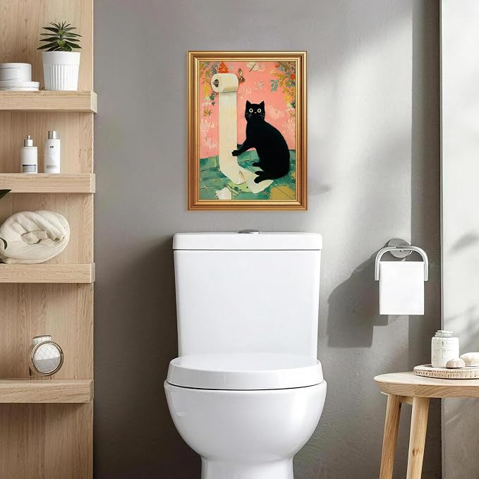 ICHZUMW Gold Framed Funny Black Cat Toilet Paper Canvas Wall Art, 8x10 In | Quirky Cat Print Humorous Pink Bathroom Wall Decor, Restroom Powder Room Guest Toilet, Fade Resistant, Ready to Hang