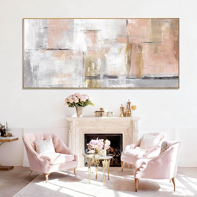 SOUGUAN Contemporary Home Wall Decor Pink and White Canvas Painting Abstract Wall Art 32"x70" Decorations for Bedroom Kitchen Artwork