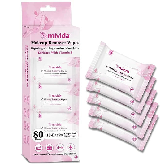 mivida Compact Travel Makeup Remover Wipes with Vit E, Hypoallergenic & Fragrance Free Makeup Wipes, Tough on Makeup Gentle on Skin. Travel Essentials for Adults & Teens, 10Bagsx8Wipes-80 Count