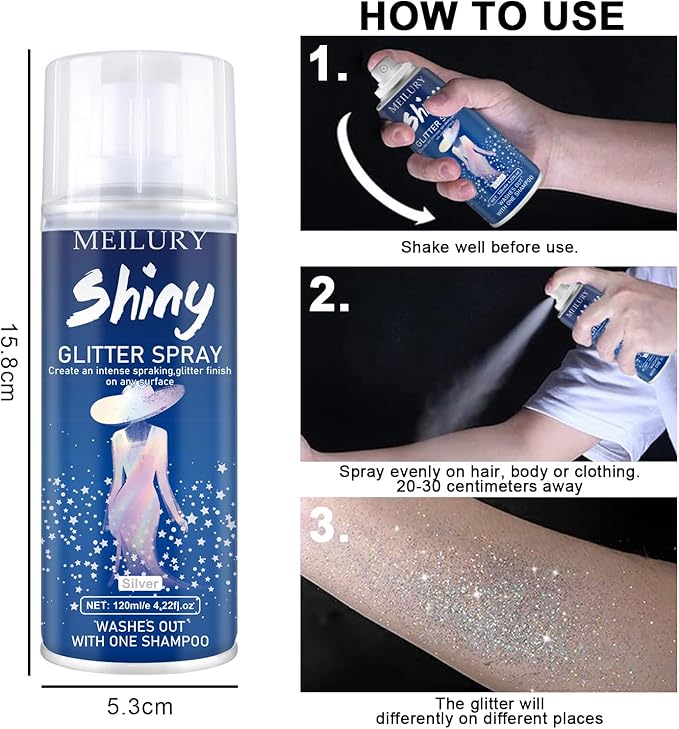 Hair and Body Glitter Spray, Holographic Glitter Highlighter Powder, Hairspray for Clothes, Face Body Shiny Glitter, Loose Shimmer Hairspray Festival Rave Prom Accessories, 4.22 Fl Oz (Silver)