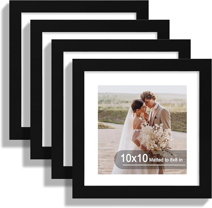 Hongkee 10x10 Picture Frame Set of 4, Made of Real Glass and Black Wooden Frame - Display Picture 8x8 with Mat or 10 x 10 Without Mat, 10 by 10 Photo for Wall or Tabletop