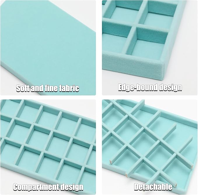 Velvet Jewelry Trays for Drawers, Blue 18 Grids | Stackable Jewelry Drawer Organizer Inserts, Ring Earring Holder Organizer Storage Display Tray with Removable Dividers
