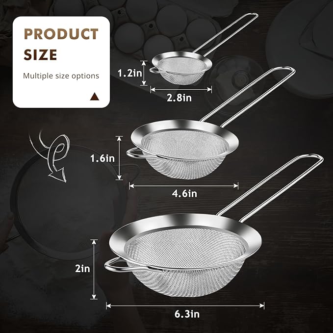 NileHome 3 Piece Mesh Strainers, Stainless Steel Strainer for Sifting, Straining, Cooking Kitchen Strainers Fine Mesh for Flour, Pasta, Loose Tea, Fruit, and Rice, Silver