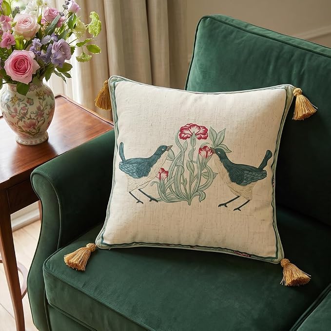 patdrea French Vintage Linen Throw Pillow Cover,18"x18",Set of 2-Cecilia E | Decorative Pillow Case with Zipper,Green Floral Pattern,Cushion Coverfor Couch Living Room Bedroom Sofa