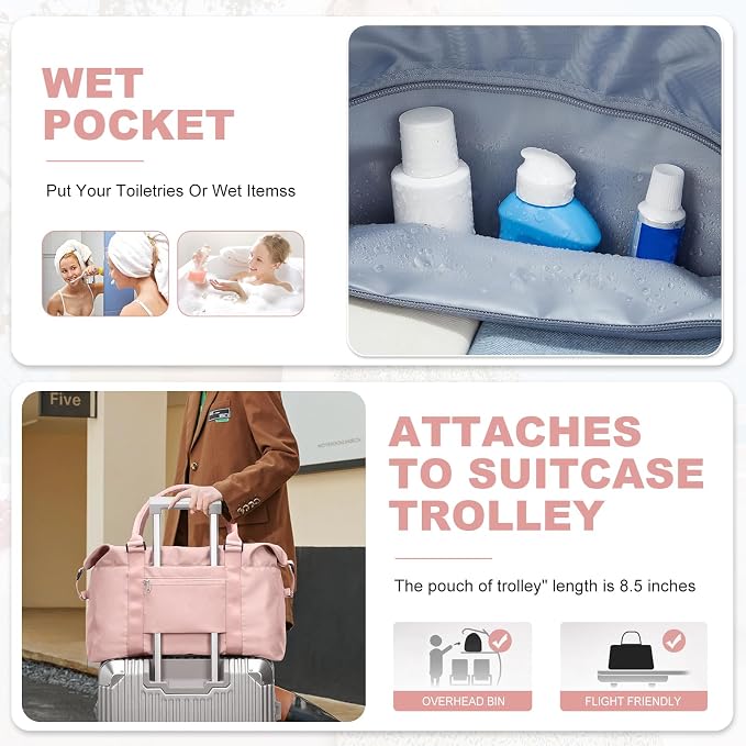 Travel Duffel Bag, Carry On Overnight Weekender Bags for Women | Travel Bag with Wet Pocket & Trolley Sleeve, For Spirit Airlines 18x14x8 Personal Item Bag