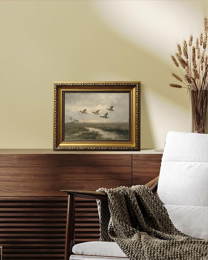 Vintage Hunting Gold Framed Wall Art Flying Mallard Duck Wall Decor Art | Rustic Landscape Painting Canvas Art Farmhouse Cottagecore Small Framed Prints Artwork Bedside Tables Foyer Bookshelf Entry
