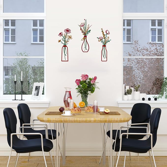 Pigort 3 Pieces Metal Vase Flowers Wall Arts - Rustic Farmhouse Style Décor Metal Wall Art Black Minimalist Flower Natural Themed Wall Decors for Home Bedroom Dining Room Housewarming (Red, Vase-C)