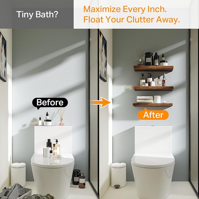 BAYKA Rustic Brown Bathroom Floating Shelves, 15.7in, 3Pk, Wall Mount Shelf | 22lbs Max Load, Hidden Bracket, for Living Room Bedroom Kitchen Display Storage Decor, Easy Install, Multi-Wall Compatible