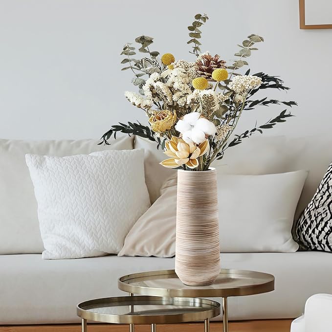 ALMA 13" White Tall Ceramic Vase, Modern Pampas Grass Vase Home Docer | Flower Vase with a Brown & Beige Finish, Boho Vase for Mantel, Tabletop, Bedroom, Shelf, Wedding & Housewarming Gift