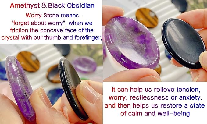 QINJIEJIE 2PCS Thumb Worry Stone for Anxiety Healing Crystals Amethyst Black Obsidian Hand Carved Oval Palm Pocket Stones Meditation Crystal Reiki Relax Stone Anxiety Relief Items Gifts for Women