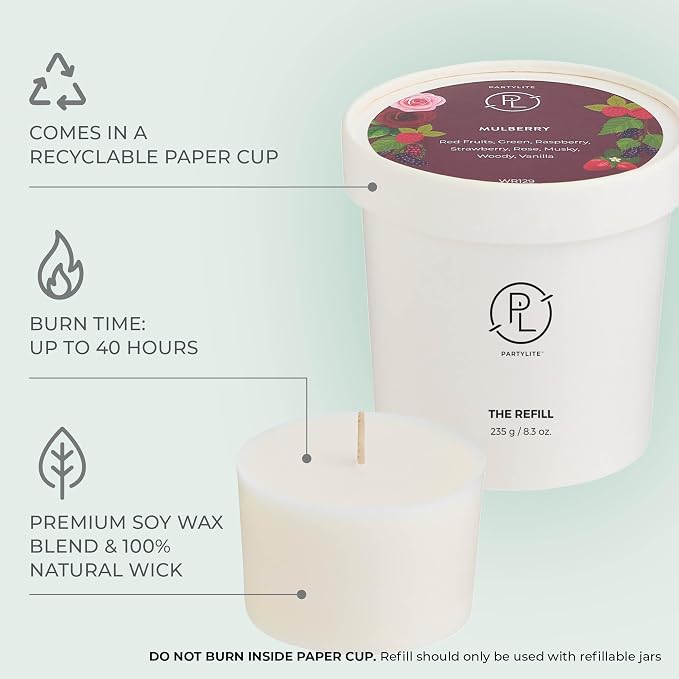 PartyLite Mulberry Scented Candle Refill, Notes of Black Currant, BlackBerry, Mulberry & Pomegranate, 10oz 1-Wick Aromatherapy Candle, up to 40 Hours of Luxury Fragrance, Sustainable Premium Soy Wax