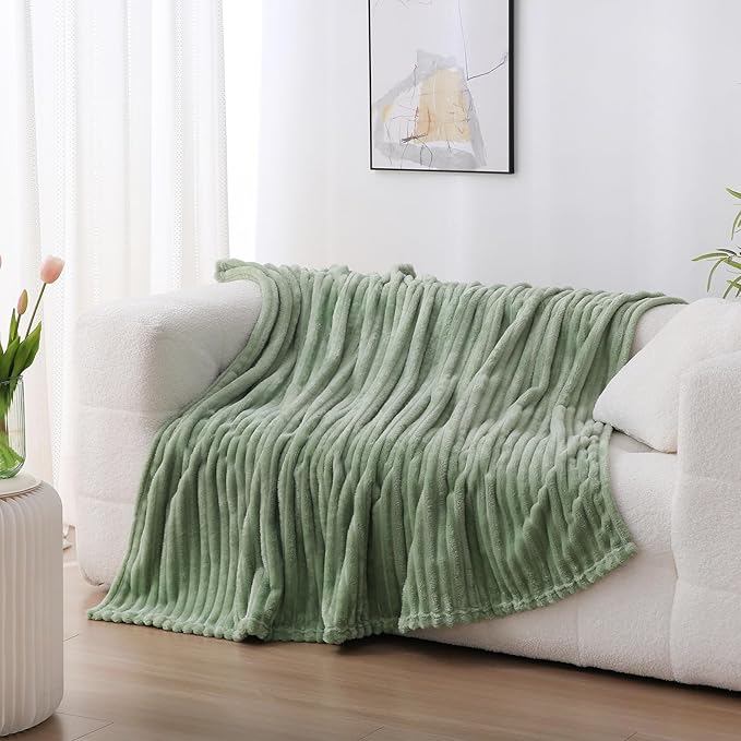 Sage Green Fleece Throw Blanket 60”×80” for Couch Sofa Livingroom | Super Soft Cozy Plush Microfiber Flannel Bed Blanket Striped Design Lightweight Home Decor Gifts for Adults Mom Women