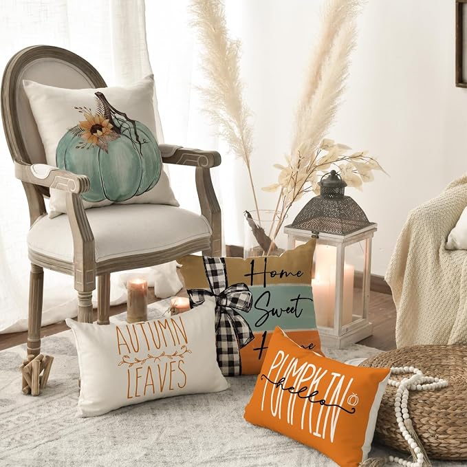AVOIN colorlife Fall Pumpkin Home Sweet Home Throw Pillow Covers, 18 x 18 Inch Autumn Thankful Grateful Blessed Harvest Floral Decorations for Sofa Couch Set of 4