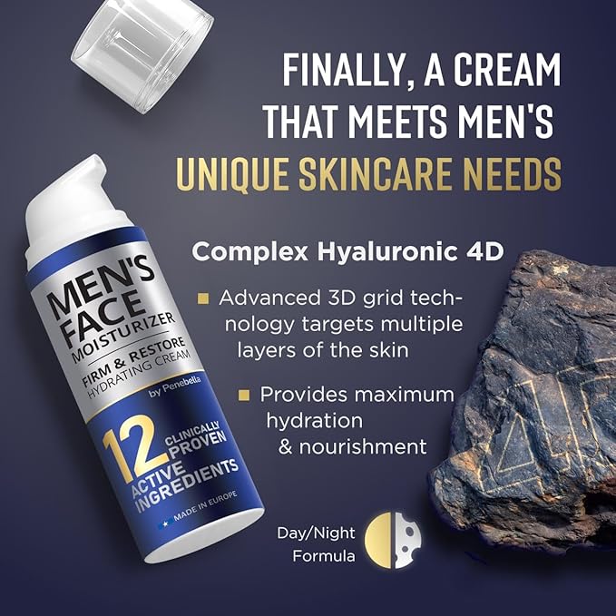 Mens Face Moisturizer - Deep Hydrating & Anti Aging Mens Lotion | Made in Europe | Vitamin C+E, Elastin, Hyaluronic 4D - Face Cream for Daily Use - Eye, Face & Neck Skin Care