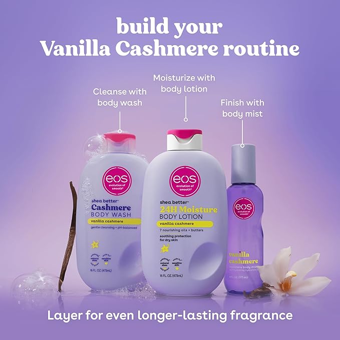 eos Cashmere Body Mist, Vanilla Cashmere, Soft Musk, Cozy Caramel, Hair Mist, Body Spray for Women Moisturizing, Hyaluronic Acid, Vanilla Body Spray, Vegan, Cruelty-free, 6 fl oz
