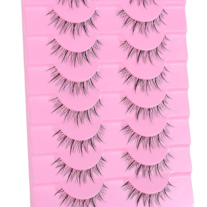 outopen 10 Pairs Manga Lashes Natural Look False Eyelashes Wispy Spiky Anime Lashes Korean Japanese Asian Style Cosplay Fake Eyelashes with Clear Band