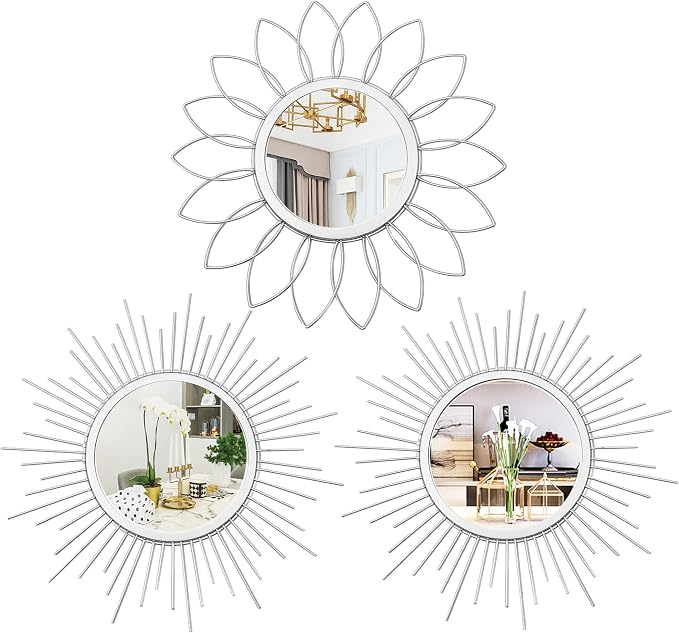 3 Pack Metal Mirrors for Wall Sunburst Wall Mirrors Home Décor Decorative Hanging Wall Art for Living Room Bedroom Entryway (Silver, Flower+Sunburst)
