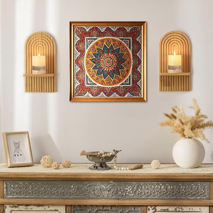 Boho Wall Decor Set of Two: Wood Wall Candle Holder | 3D Arch Design, Natural Minimalist Candle Sconces for Pillar or Plants, for Living Room, Bathroom, Nursery, Bedroom