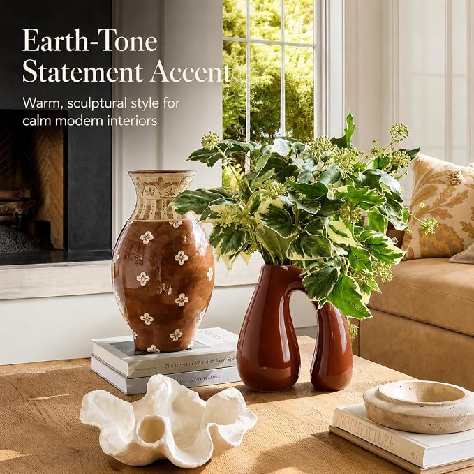 Brown Ceramic Vase for Pampas, Boho Shelf & Table Decor | Holds Dried Stems and Faux Florals - Sculptural Accent for Mantel, Console and Entryway