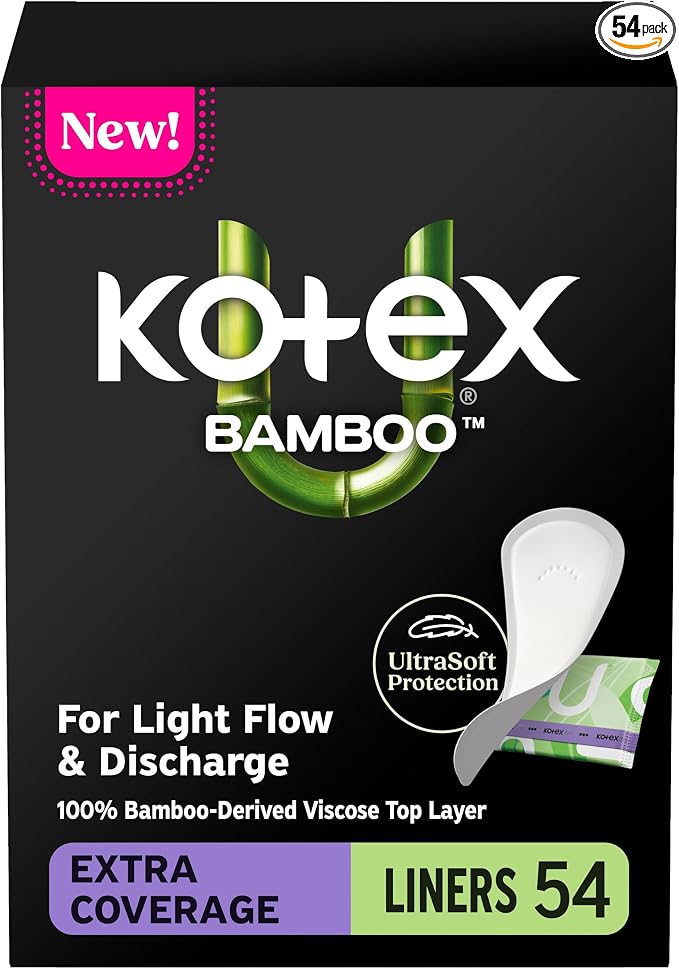 Kotex Bamboo Wrapped Liners, Light Absorbency, Extra Coverage, 54 Count (Packaging May Vary)