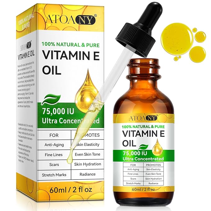 Vitamin E Oil, Pure Vitamin E Oil, Vitamin E Oil Blend 75,000 IU for Plump Skin, Reduce Fine Lines & Scars, Moisturizing Skin, for Skin, Scars, Face & Full Body- 2Fl Oz