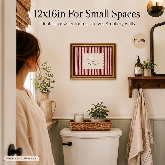 Funny Bathroom Wall Art, Vintage Gold Framed Best Seat in the House, 12x16 | Red striped canvas with Best Seat in the House quote, rustic farmhouse decor for bathroom, living room, bedroom or entryway