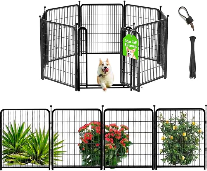 Getlay Playpen 36 inch High, Gate 17.7 inches Wide with Low Sills Pen, 8 Panels Total 17.7 Ft(L) Garden Fence for Dogs, Dog Play Pen Indoor or Outdoor,Rabbit Playpen,Dog Fence Outdoor for Yard