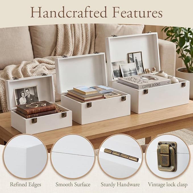 Sliner 3 Pcs Wooden Decorative Storage Boxes with Lids Vintage Wood Organizer Bins for Your Bookshelf Home Decor Safely Store Photos Documents Memory Jewelry Craft Storage (White,S M L Size)