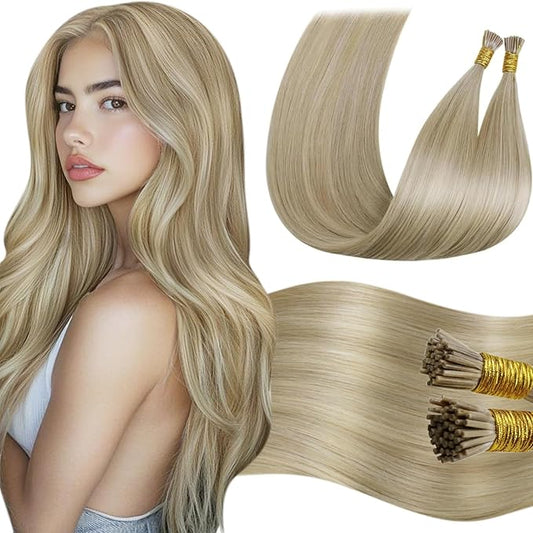 LaaVoo Itip Human Hair Extensions Balayage Blonde I Tip Hair Extensions Human Hair Highlights Light Blonde to Golden Blonde I Tips Hair Extensions Soft Straight 22inch 100g 100s