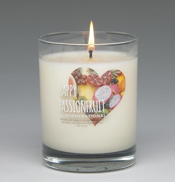 Scentsational Happy Passionfruit Soy Candle, 11 oz Glass Jar, Gift Wrapped with Ribbon, Natural Essential Oils